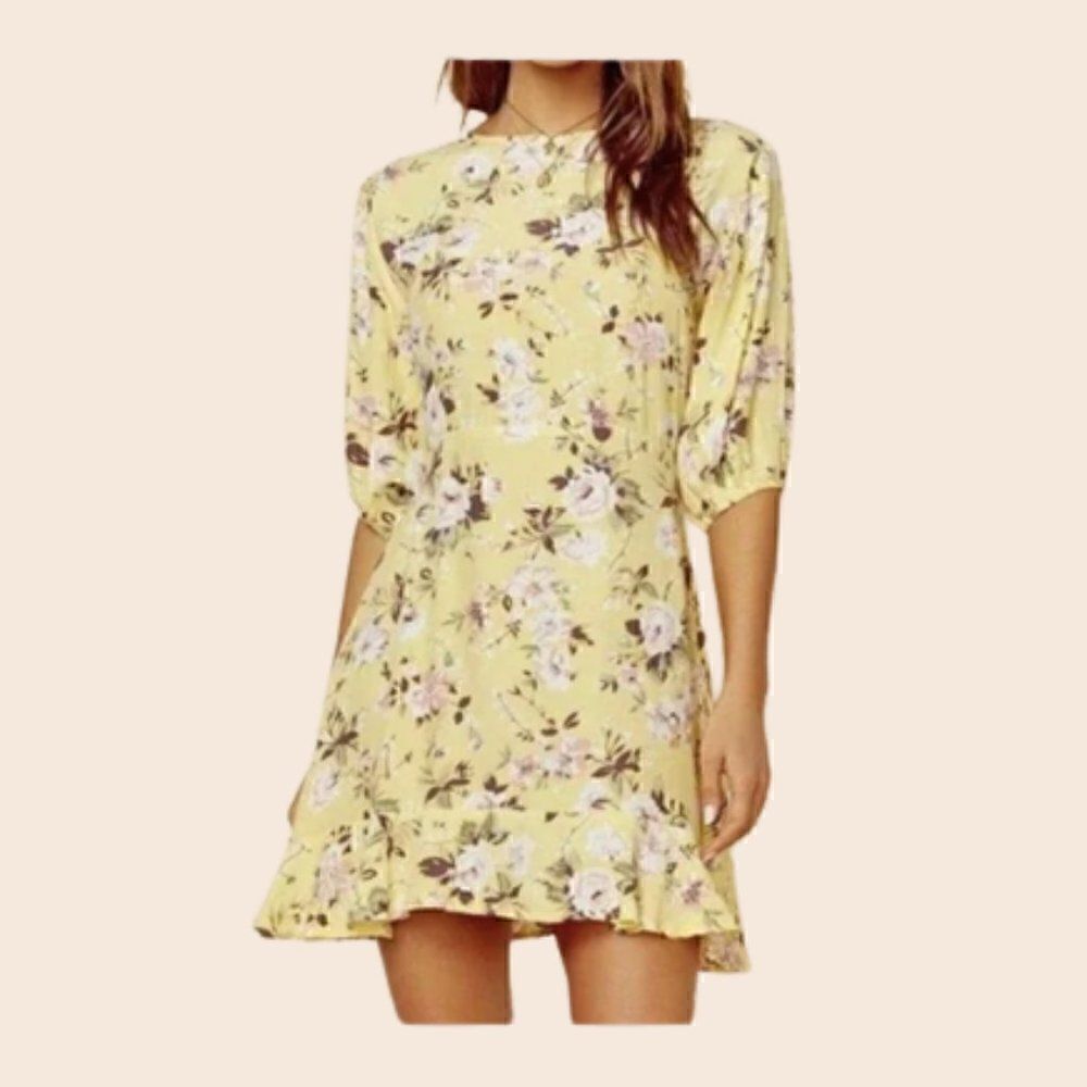 Faithfull The Brand Yellow Jeanette Pomeline Jasmine Floral Mini Dress Size 8